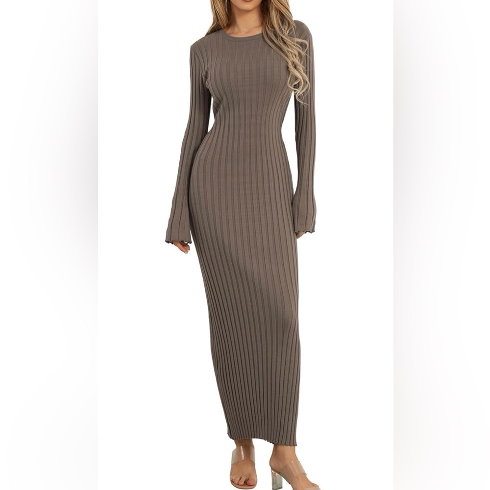 Crewneck Maxi Dress Bell Long Sleeve Ruched Ribbed Bodycon Long Sweater Dress